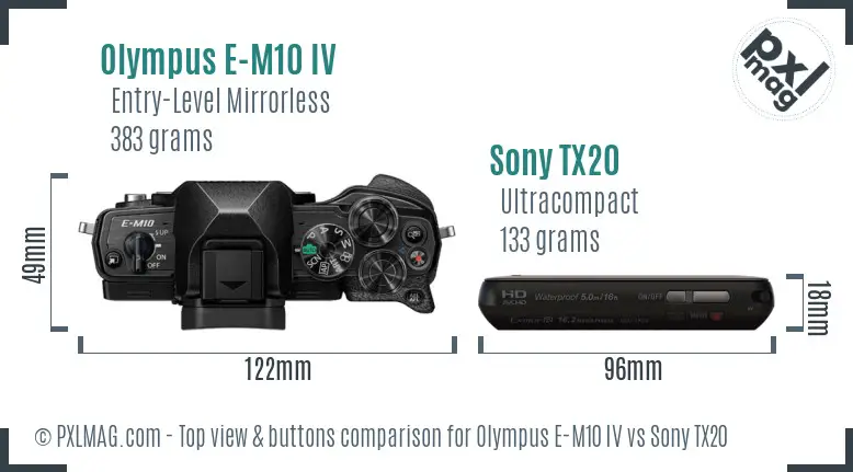 Olympus E-M10 IV vs Sony TX20 top view buttons comparison Olympus E-M10 IV vs Sony TX20 top view buttons comparison