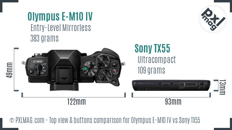 Olympus E-M10 IV vs Sony TX55 top view buttons comparison