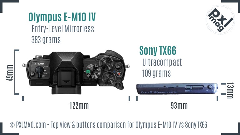Olympus E-M10 IV vs Sony TX66 top view buttons comparison