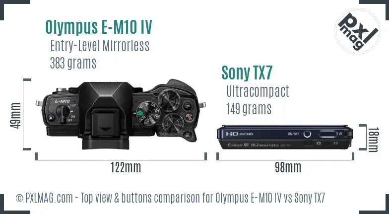 Olympus E-M10 IV vs Sony TX7 top view buttons comparison