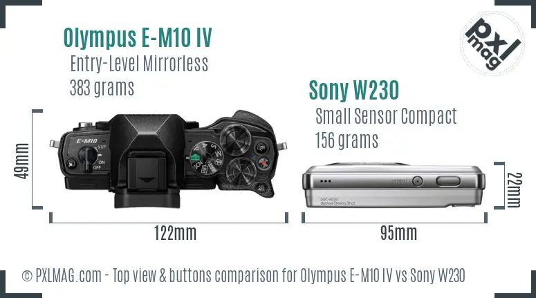 Olympus E-M10 IV vs Sony W230 top view buttons comparison Olympus E-M10 IV vs Sony W230 top view buttons comparison