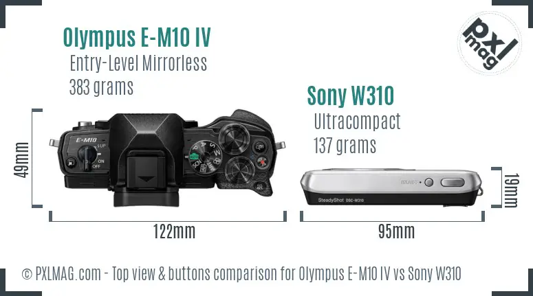 Olympus E-M10 IV vs Sony W310 top view buttons comparison Olympus E-M10 IV vs Sony W310 top view buttons comparison