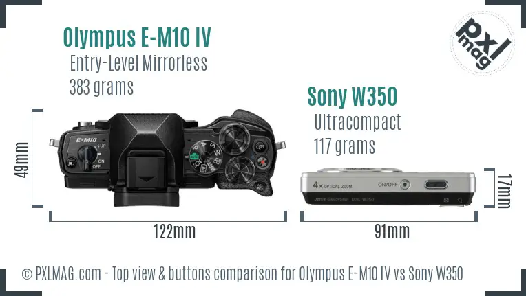 Olympus E-M10 IV vs Sony W350 top view buttons comparison