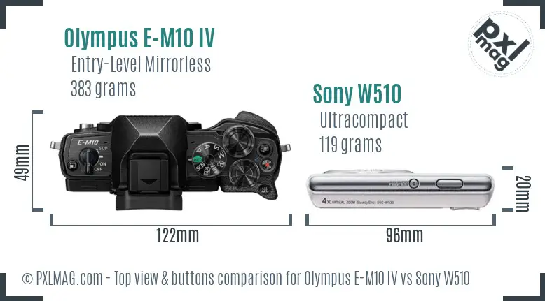 Olympus E-M10 IV vs Sony W510 top view buttons comparison