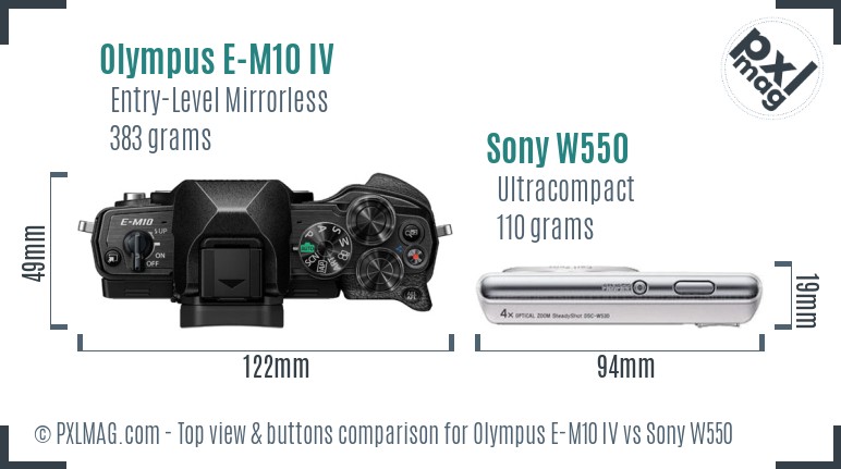 Olympus E-M10 IV vs Sony W550 top view buttons comparison