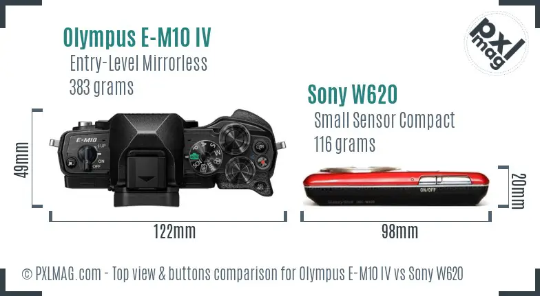 Olympus E-M10 IV vs Sony W620 top view buttons comparison