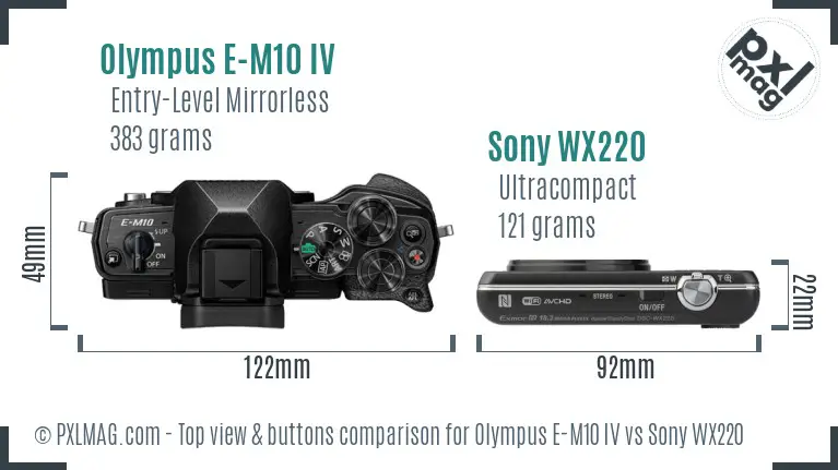 Olympus E-M10 IV vs Sony WX220 top view buttons comparison