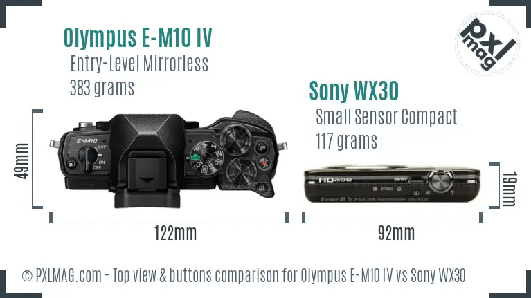 Olympus E-M10 IV vs Sony WX30 top view buttons comparison