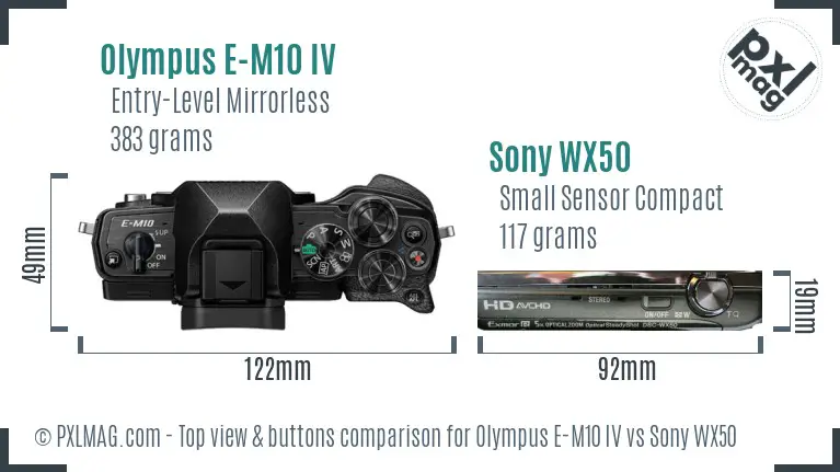 Olympus E-M10 IV vs Sony WX50 top view buttons comparison Olympus E-M10 IV vs Sony WX50 top view buttons comparison