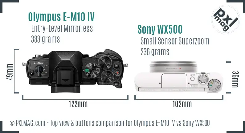 Olympus E-M10 IV vs Sony WX500 top view buttons comparison