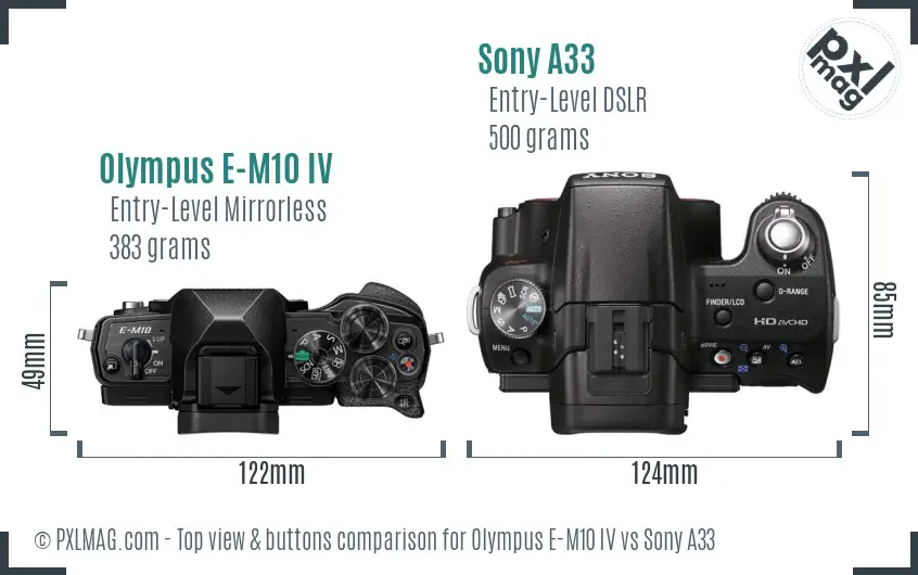 Olympus E-M10 IV vs Sony A33 top view buttons comparison