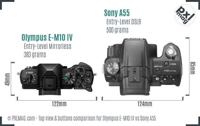 Olympus E-M10 IV vs Sony A55 top view buttons comparison Olympus E-M10 IV vs Sony A55 top view buttons comparison