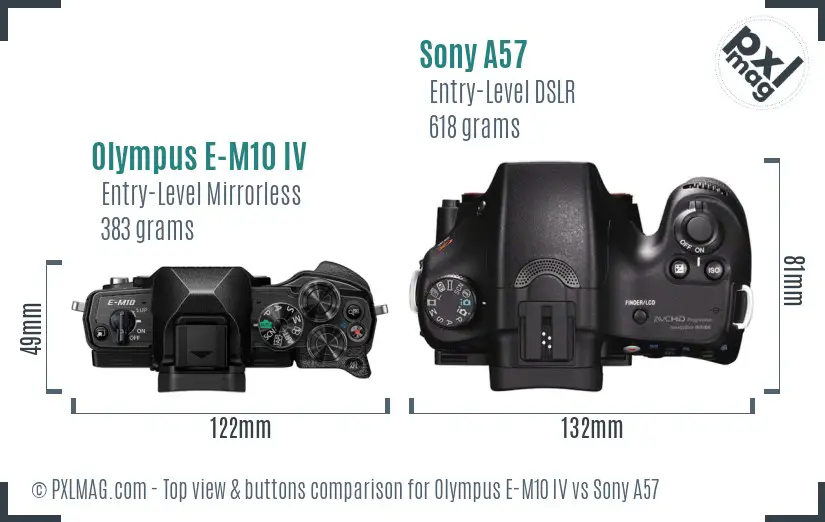 Olympus E-M10 IV vs Sony A57 top view buttons comparison