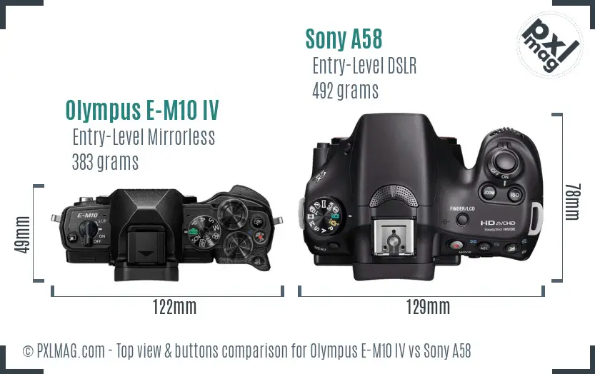 Olympus E-M10 IV vs Sony A58 top view buttons comparison