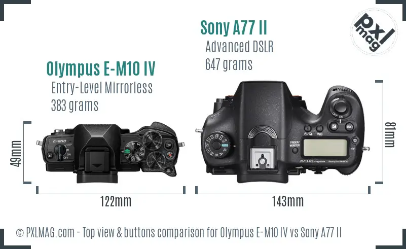 Olympus E-M10 IV vs Sony A77 II top view buttons comparison Olympus E-M10 IV vs Sony A77 II top view buttons comparison