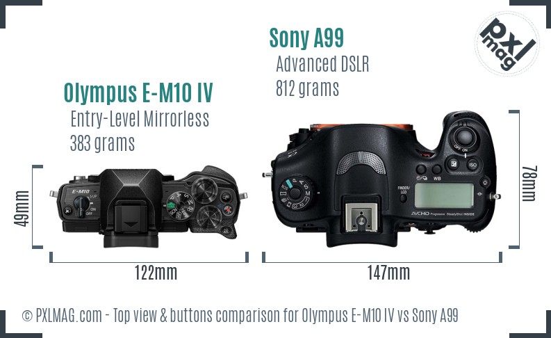 Olympus E-M10 IV vs Sony A99 top view buttons comparison