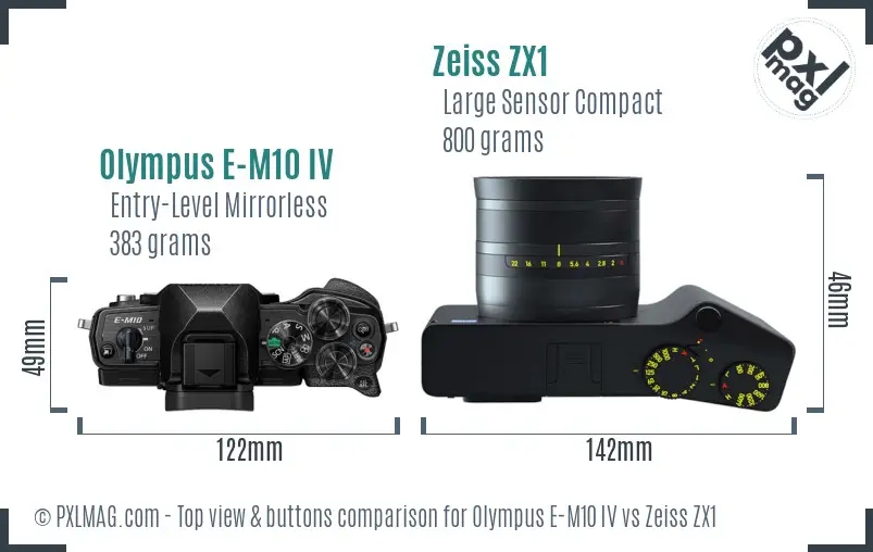 Olympus E-M10 IV vs Zeiss ZX1 top view buttons comparison