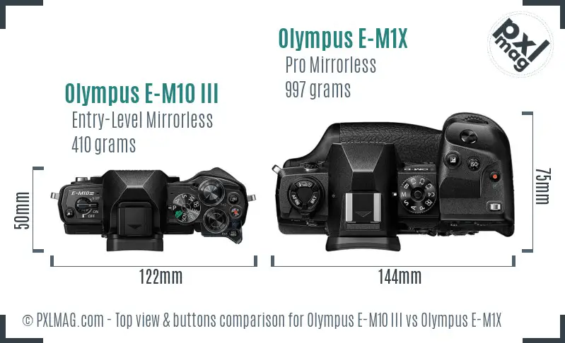 Olympus E-M10 III vs Olympus E-M1X top view buttons comparison