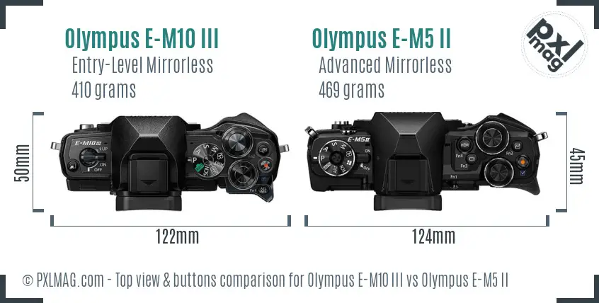 Olympus E-M10 III vs Olympus E-M5 II top view buttons comparison