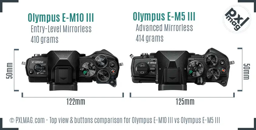 Olympus E-M10 III vs Olympus E-M5 III top view buttons comparison