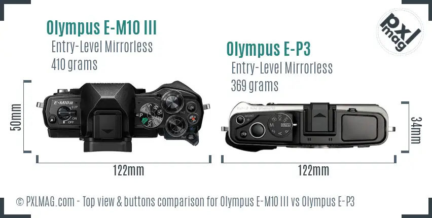 Olympus E-M10 III vs Olympus E-P3 top view buttons comparison