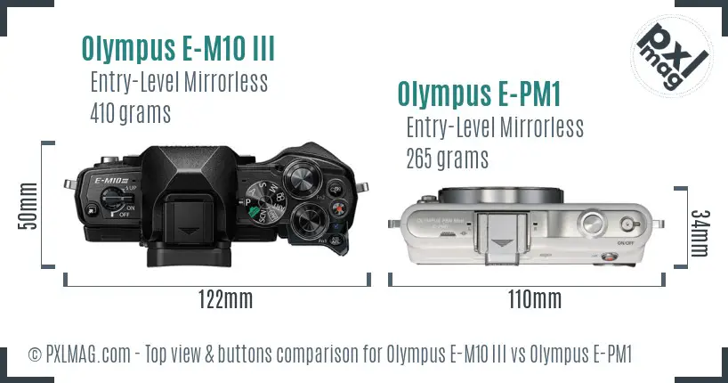 Olympus E-M10 III vs Olympus E-PM1 top view buttons comparison