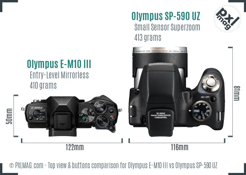 Olympus E-M10 III vs Olympus SP-590 UZ top view buttons comparison