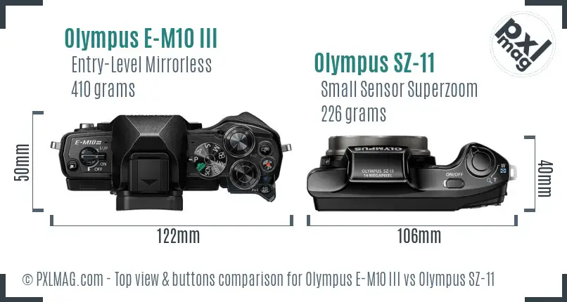 Olympus E-M10 III vs Olympus SZ-11 top view buttons comparison