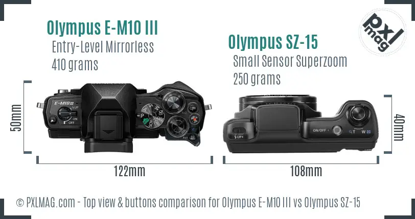 Olympus E-M10 III vs Olympus SZ-15 top view buttons comparison
