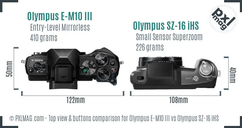 Olympus E-M10 III vs Olympus SZ-16 iHS top view buttons comparison