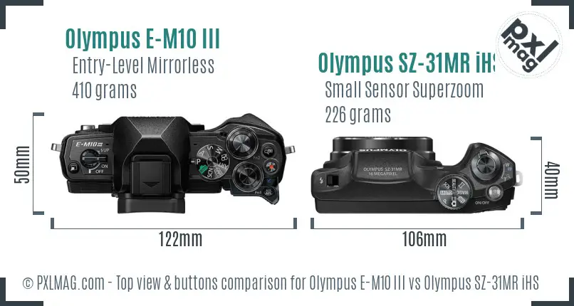 Olympus E-M10 III vs Olympus SZ-31MR iHS top view buttons comparison