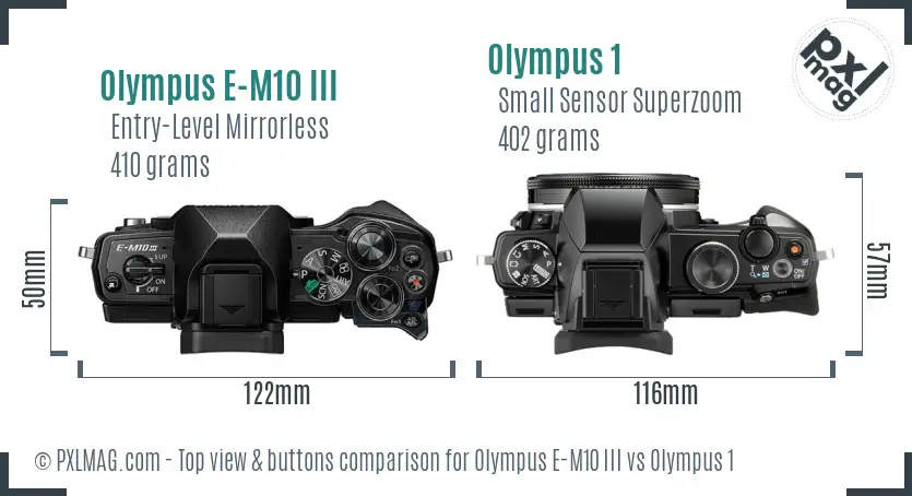 Olympus E-M10 III vs Olympus 1 top view buttons comparison