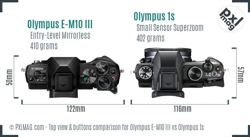 Olympus E-M10 III vs Olympus 1s top view buttons comparison