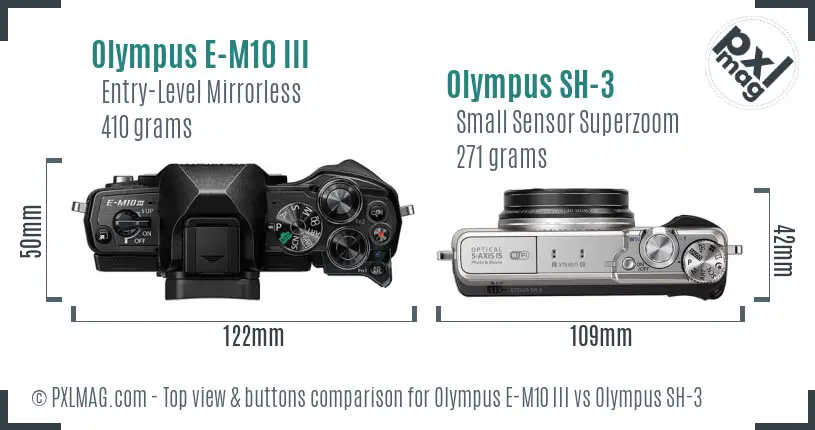 Olympus E-M10 III vs Olympus SH-3 top view buttons comparison
