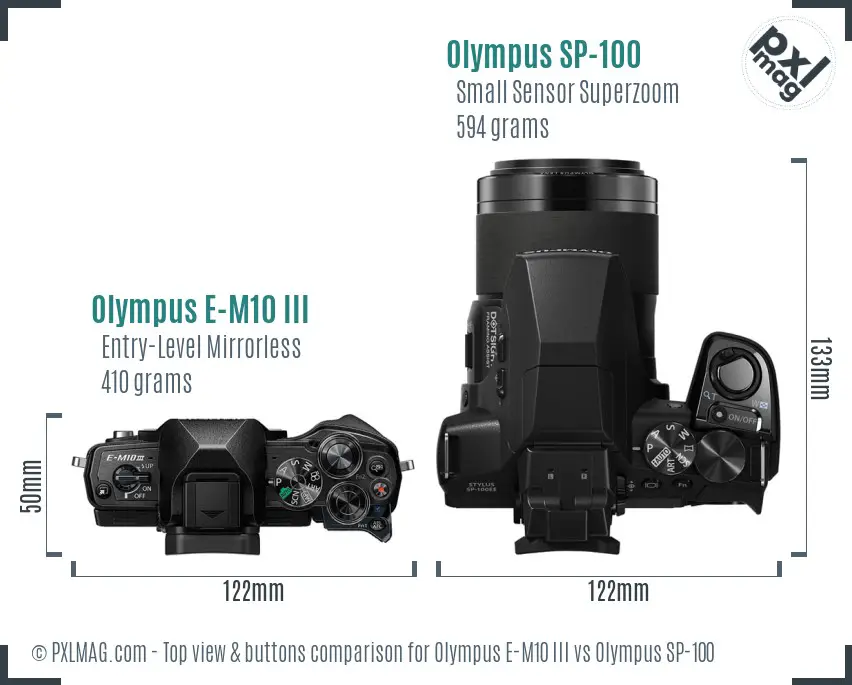 Olympus E-M10 III vs Olympus SP-100 top view buttons comparison