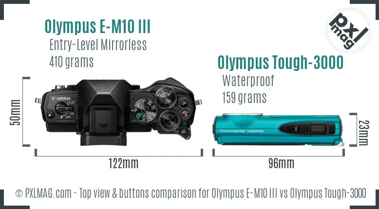 Olympus E-M10 III vs Olympus Tough-3000 top view buttons comparison