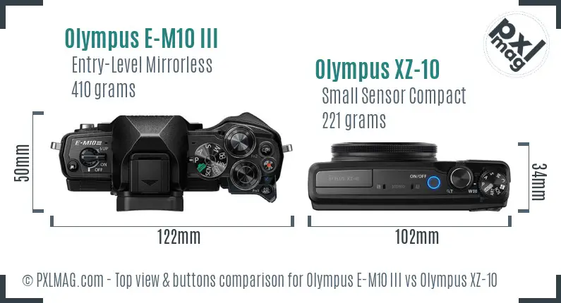 Olympus E-M10 III vs Olympus XZ-10 top view buttons comparison