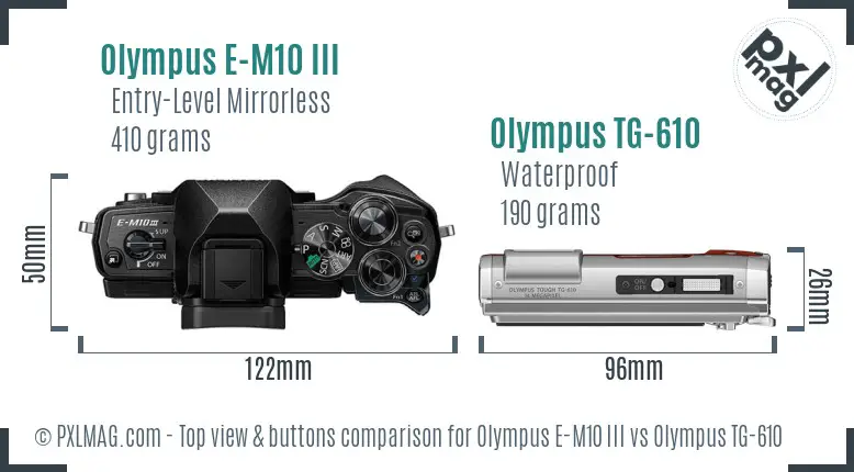 Olympus E-M10 III vs Olympus TG-610 top view buttons comparison