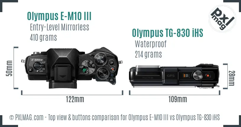Olympus E-M10 III vs Olympus TG-830 iHS top view buttons comparison