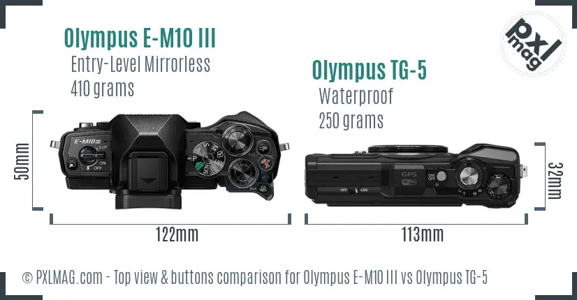 Olympus E-M10 III vs Olympus TG-5 top view buttons comparison