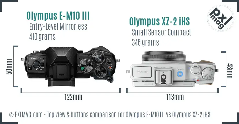 Olympus E-M10 III vs Olympus XZ-2 iHS top view buttons comparison