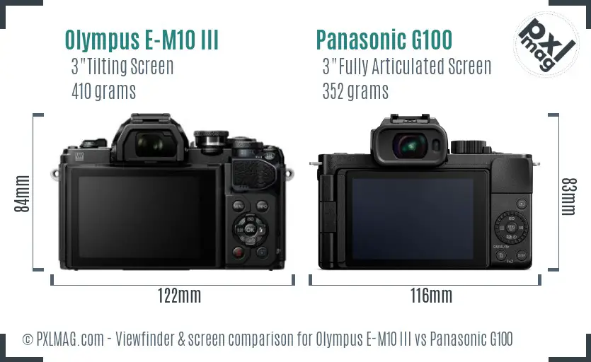 Olympus E-M10 III vs Panasonic G100 Screen and Viewfinder comparison