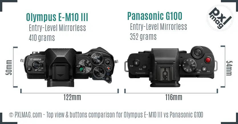 Olympus E-M10 III vs Panasonic G100 top view buttons comparison