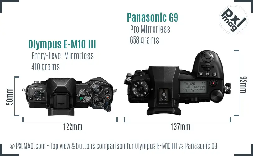 Olympus E-M10 III vs Panasonic G9 top view buttons comparison
