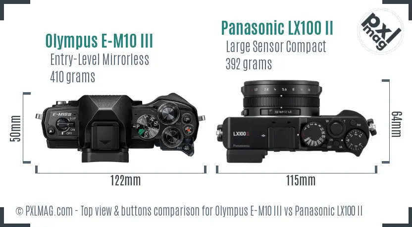 Olympus E-M10 III vs Panasonic LX100 II top view buttons comparison