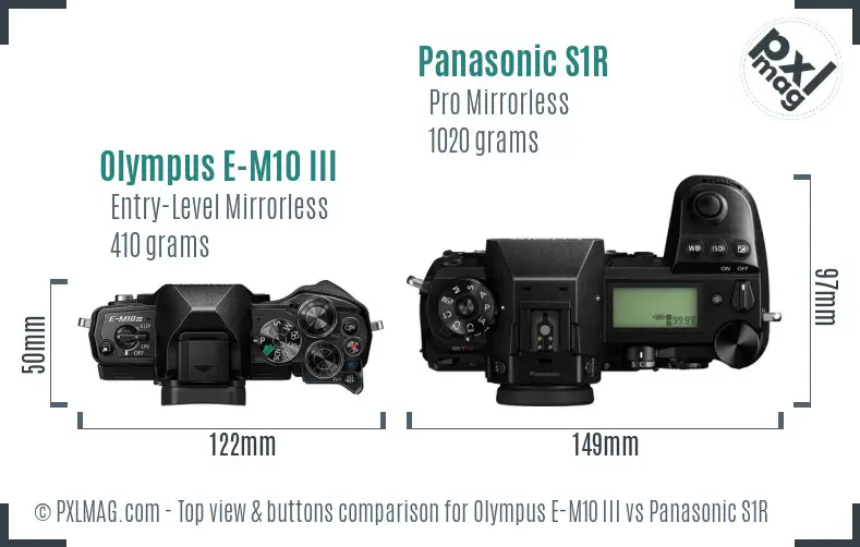Olympus E-M10 III vs Panasonic S1R top view buttons comparison