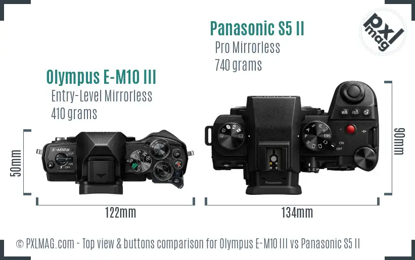 Olympus E-M10 III vs Panasonic S5 II top view buttons comparison