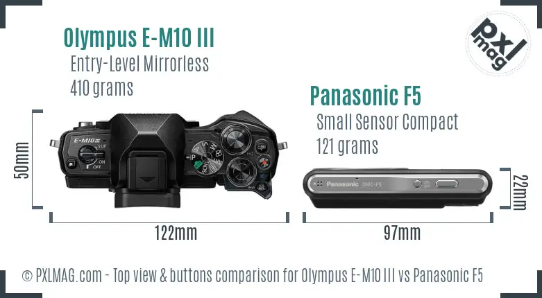 Olympus E-M10 III vs Panasonic F5 top view buttons comparison
