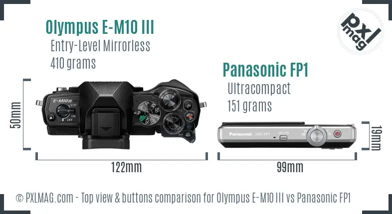 Olympus E-M10 III vs Panasonic FP1 top view buttons comparison