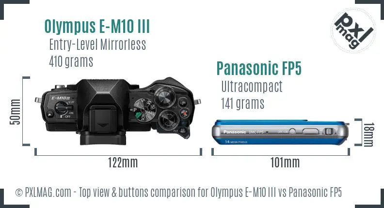 Olympus E-M10 III vs Panasonic FP5 top view buttons comparison